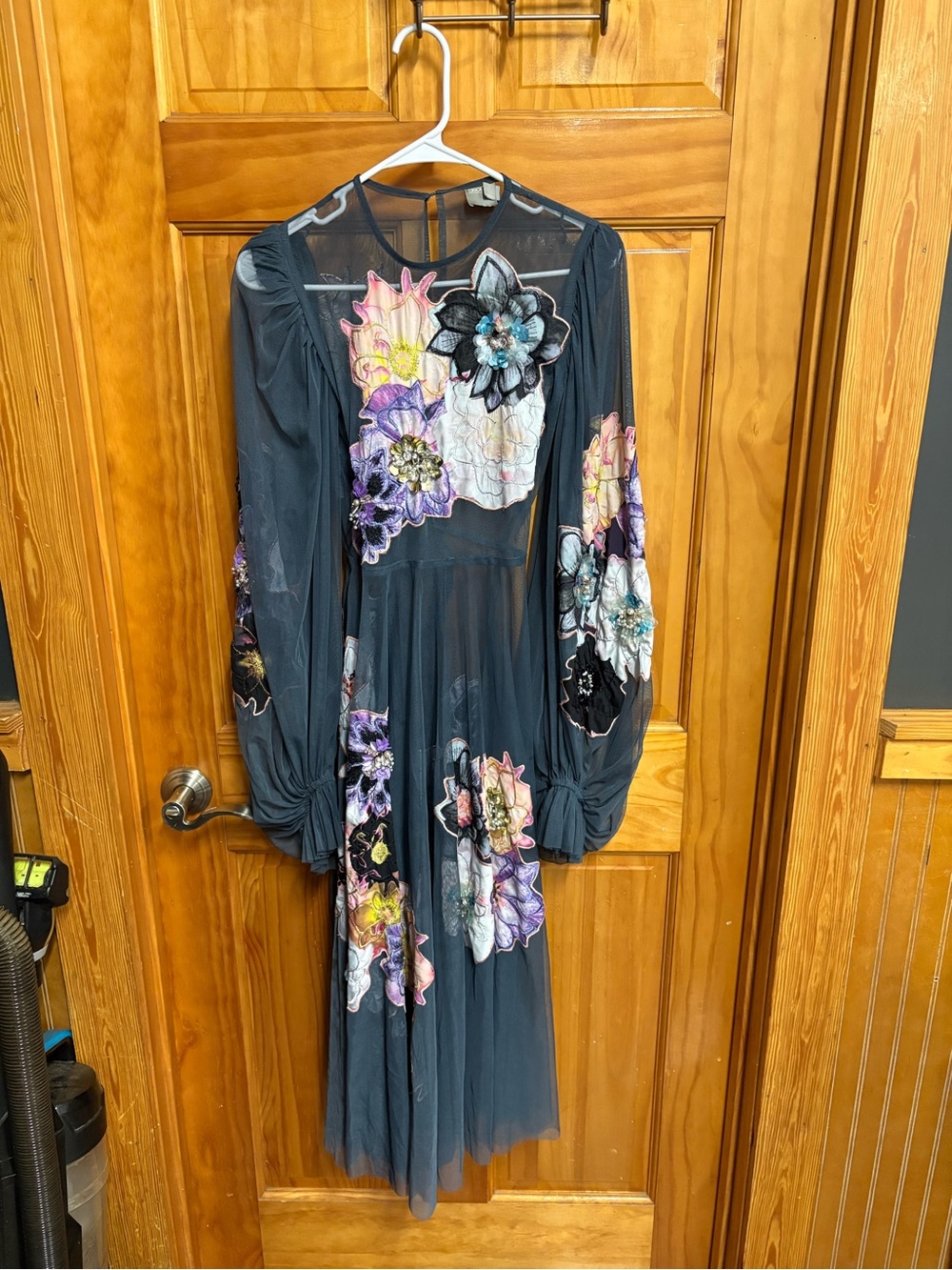 ASOS Black Sheer Long-Sleeve Floral Appliqué Midi Dress